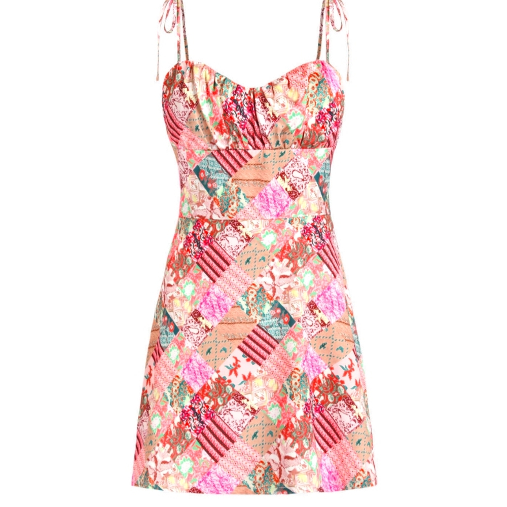 Brand New Unique Florals & Paisley Patchwork Silky A-Line Red Mini Dress